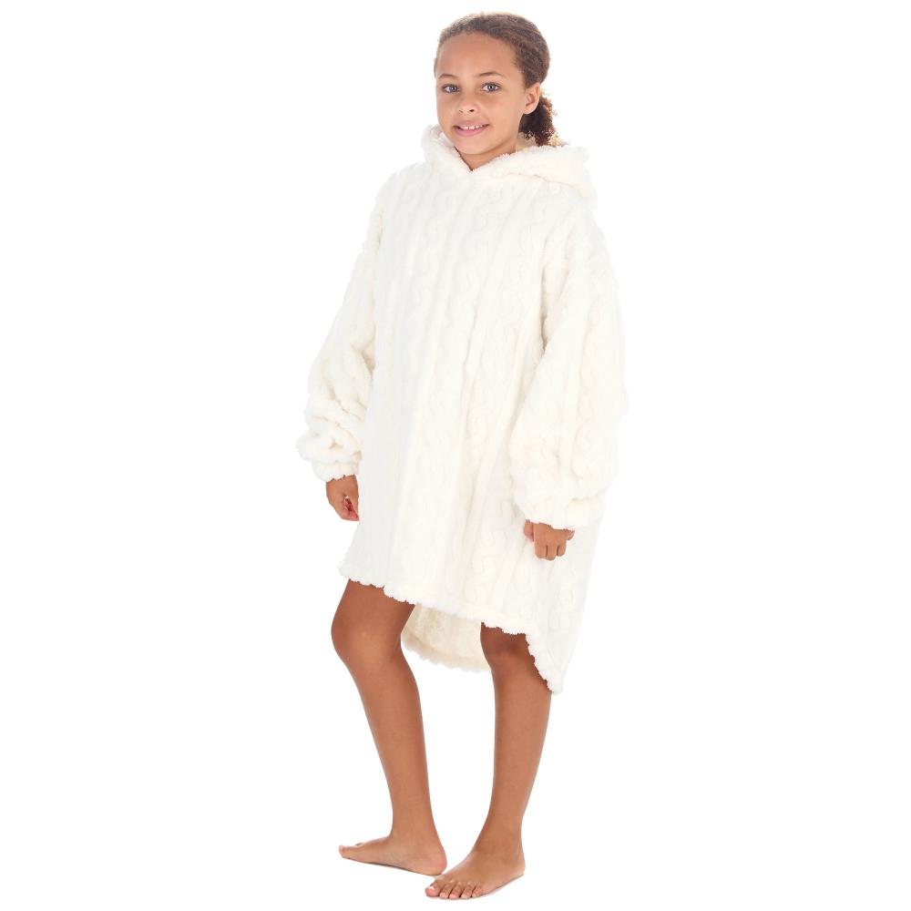 Girls Cream Cable Sherpa Fleece Blanket Hoodie Huggable Hoodie