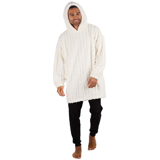 Mens Cream Cable Sherpa Fleece Blanket Hoodie