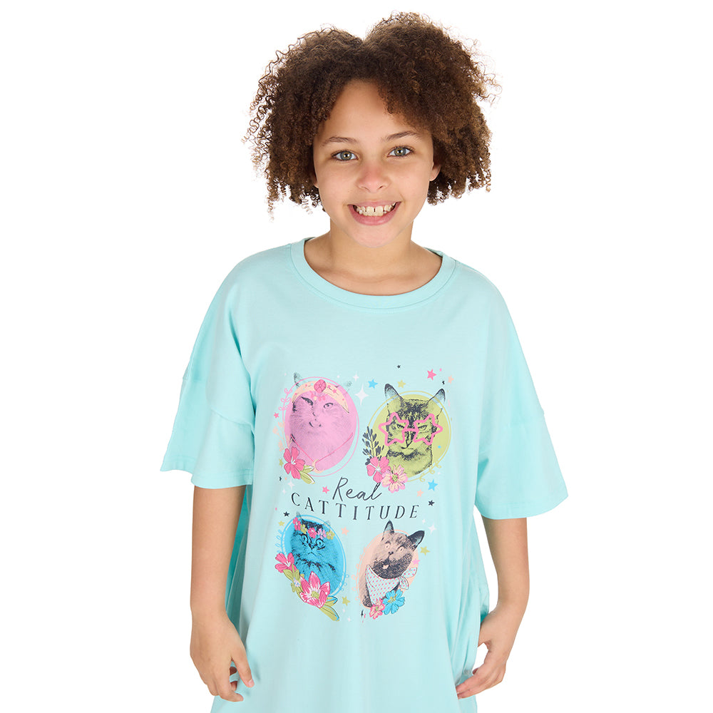 Girls Cattitude Mint Oversize Sleep Tee