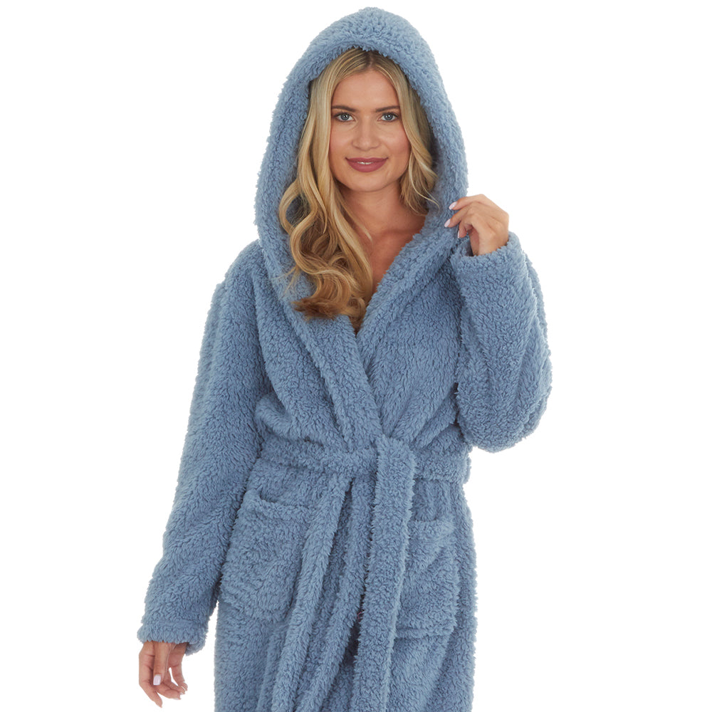 Ladies Blue Sherpa Fleece Dressing Gown