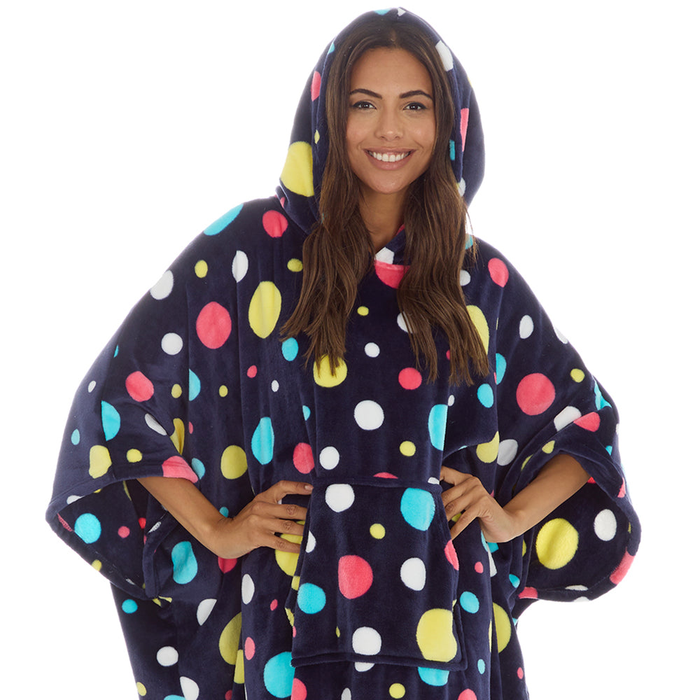 Ladies Bubbles Navy Poncho Hooded Blanket