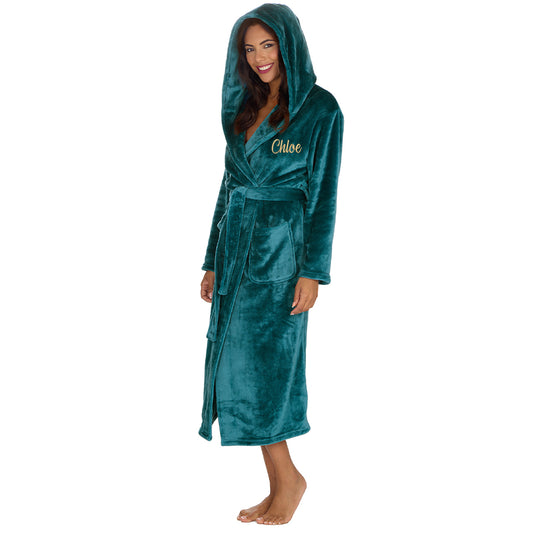 Personalised Ladies Teal Long Hooded Dressing Gown