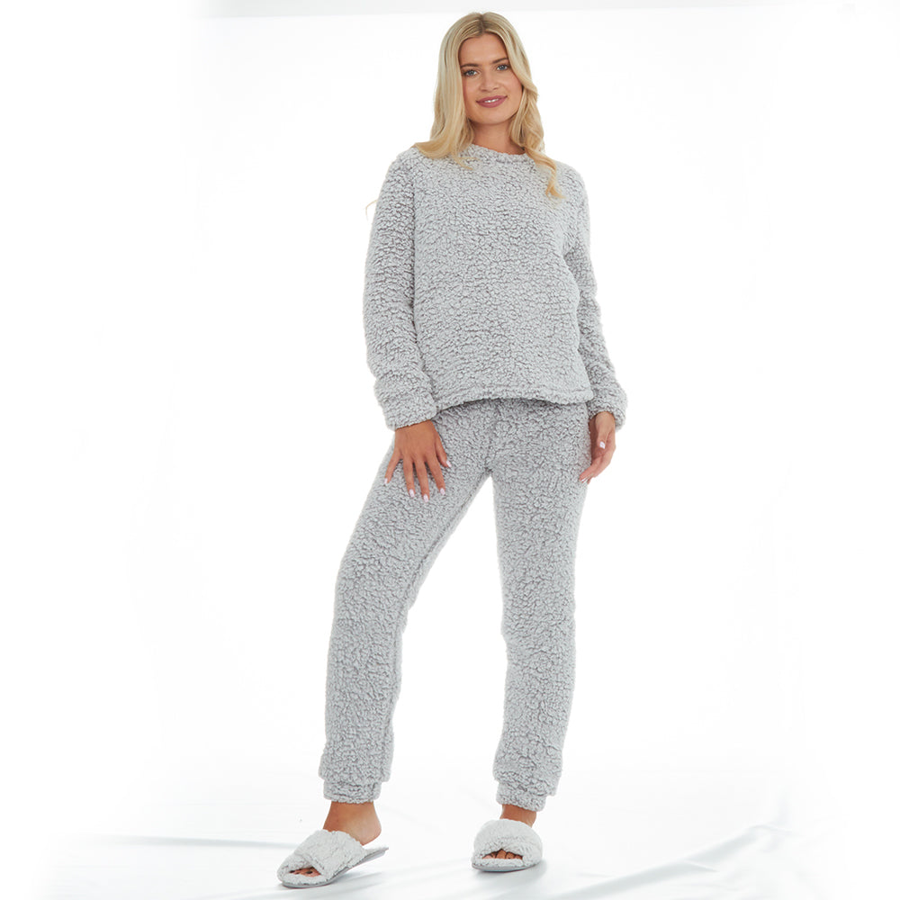 Ladies Grey Sherpa Fleece Pyjama Set