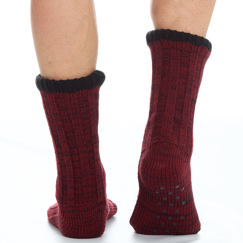 Mens Cable Knit Burgundy Slipper Socks