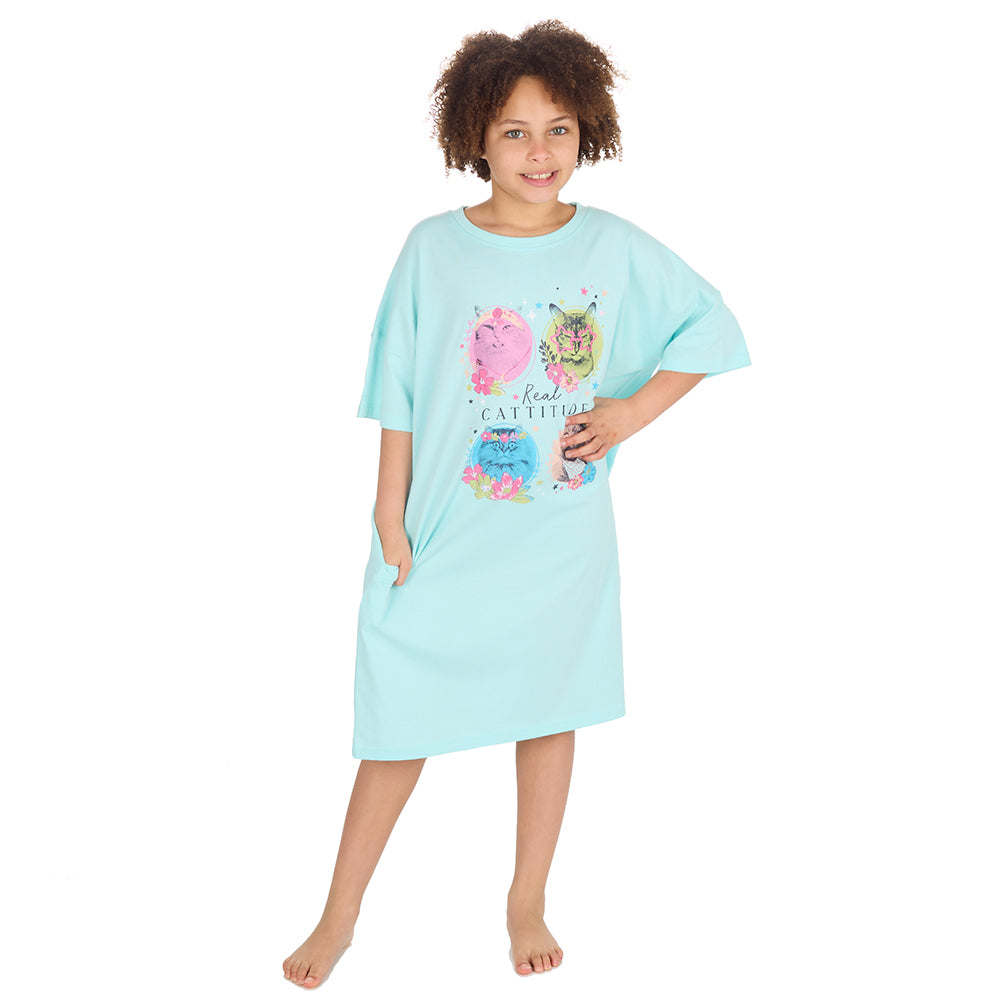 Girls Cattitude Mint Oversize Sleep Tee