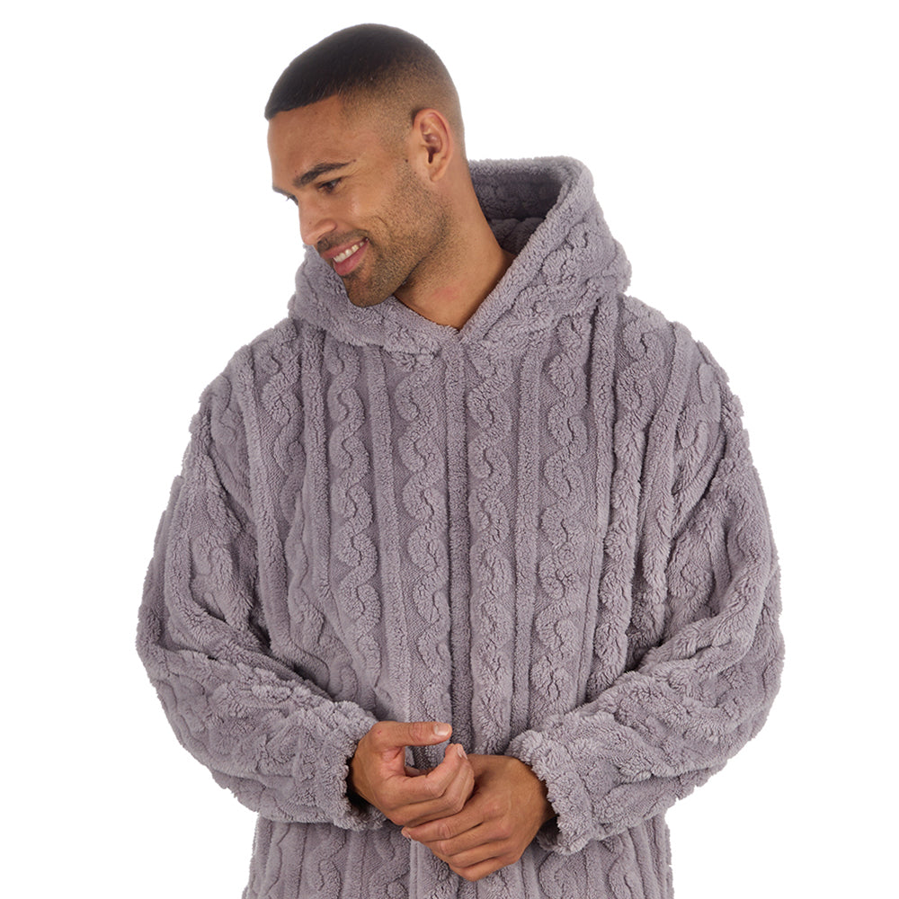 Mens Grey Cable Sherpa Fleece Blanket Hoodie Huggable Hoodie