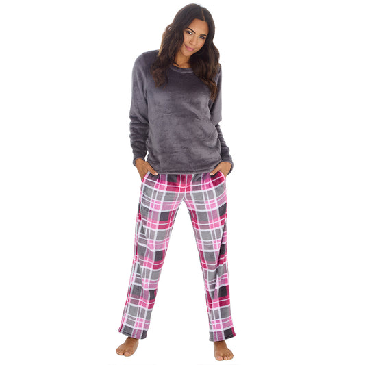 Ladies Charcoal Check Fleece Pyjama Set