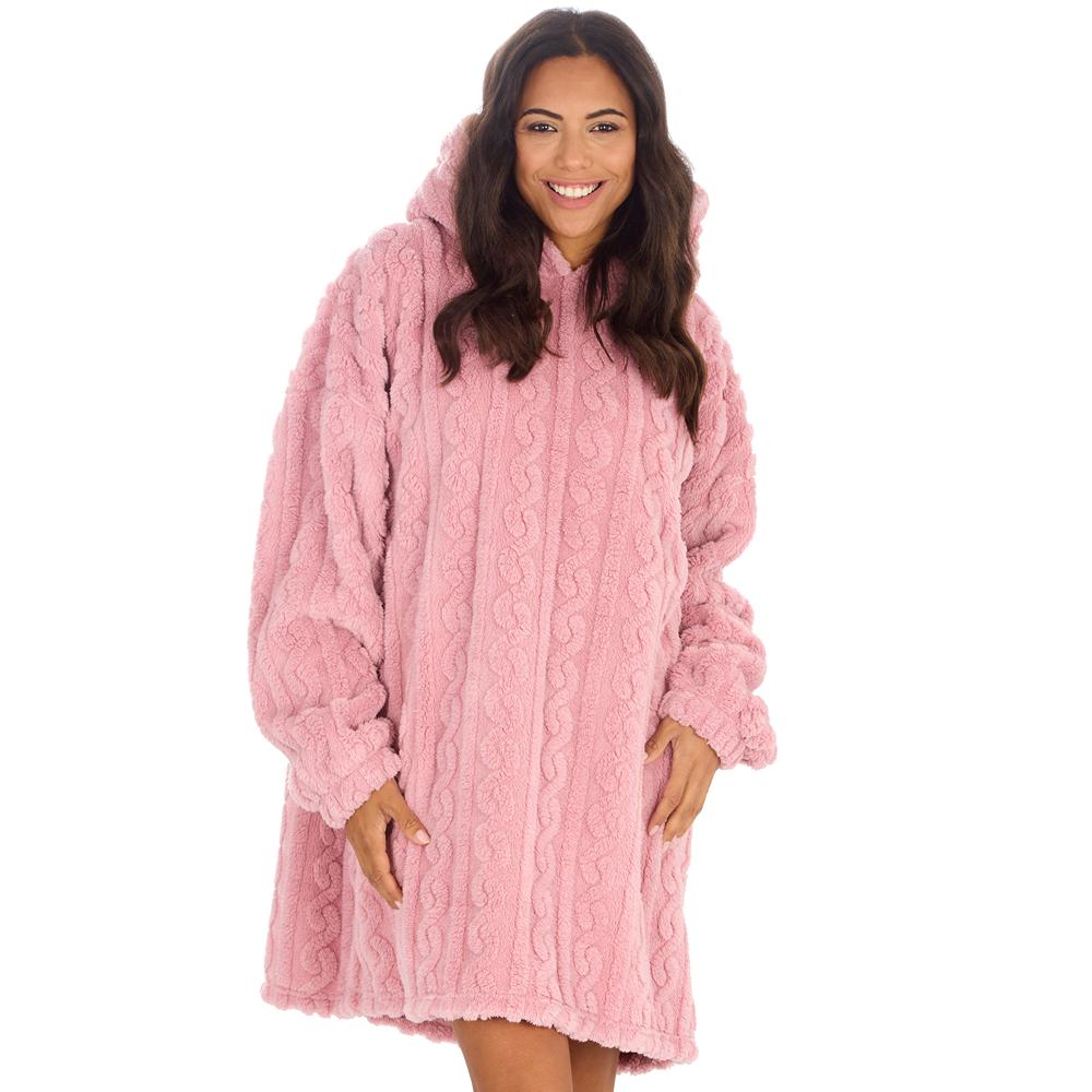 Ladies Pink Cable Sherpa Fleece Blanket Hoodie