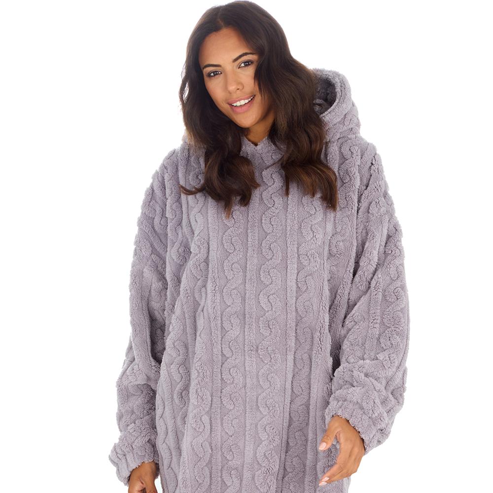 Ladies Grey Cable Sherpa Fleece Blanket Hoodie