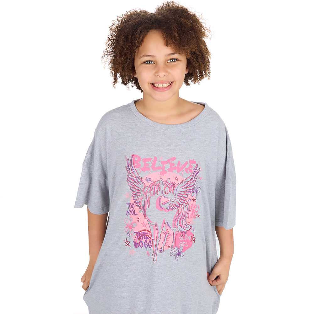  Girls Unicorn Grey Oversize Sleep Tee