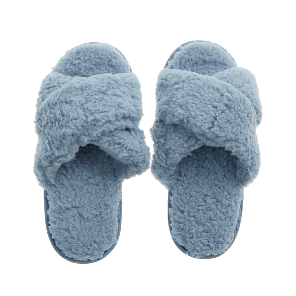 Ladies Sherpa Blue Cross Over Slippers