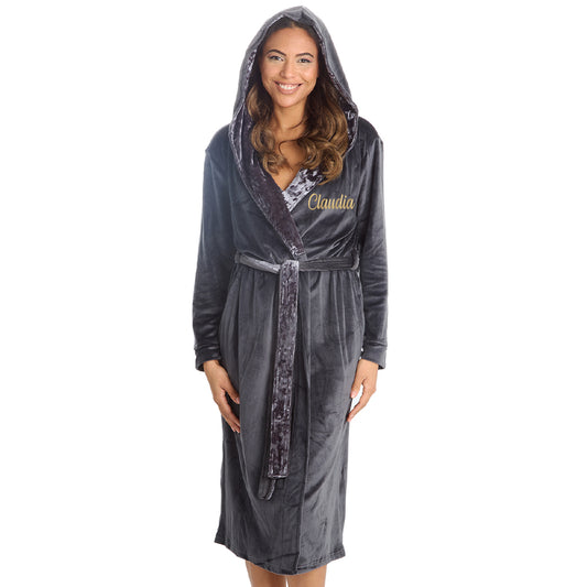 Personalised Ladies Luxury Velour Charcoal Dressing Gown