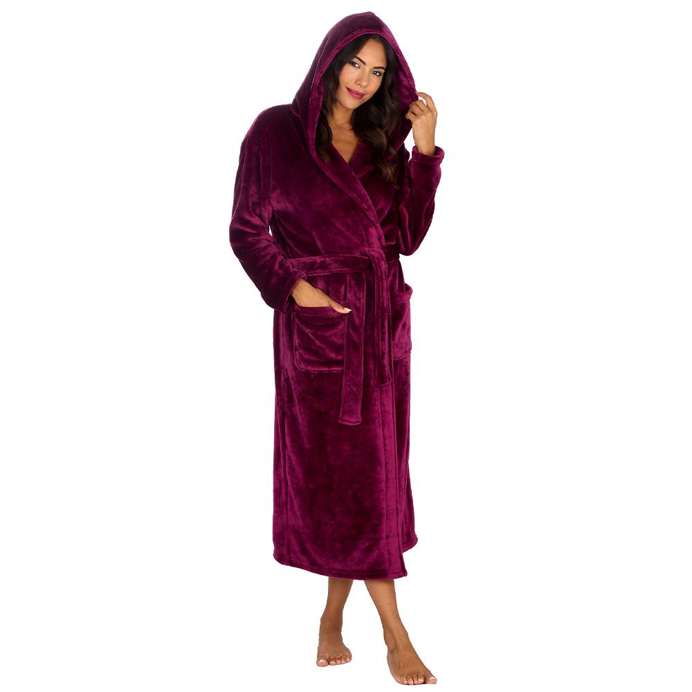 Ladies Burgundy Long Hooded Dressing Gown