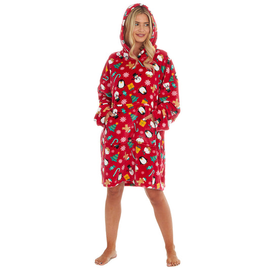 Ladies Red Christmas Print Blanket Hoodie