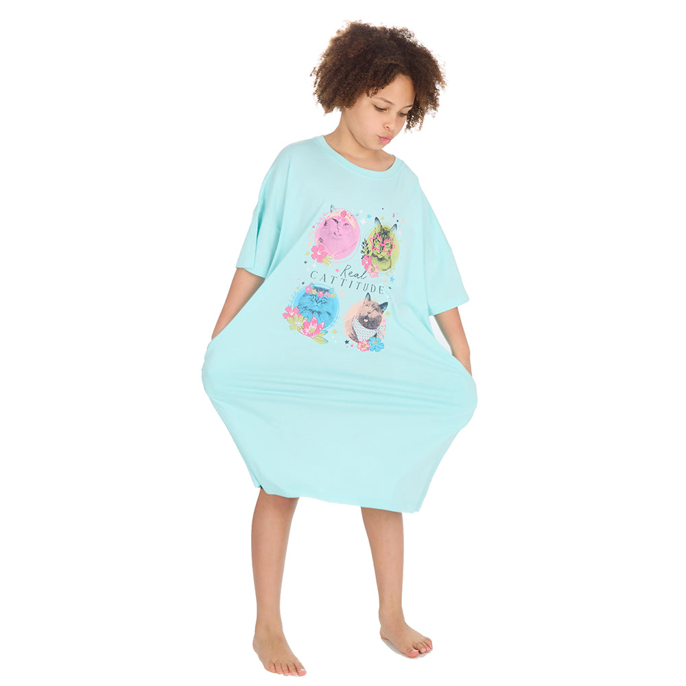 Girls Cattitude Mint Oversize Sleep Tee