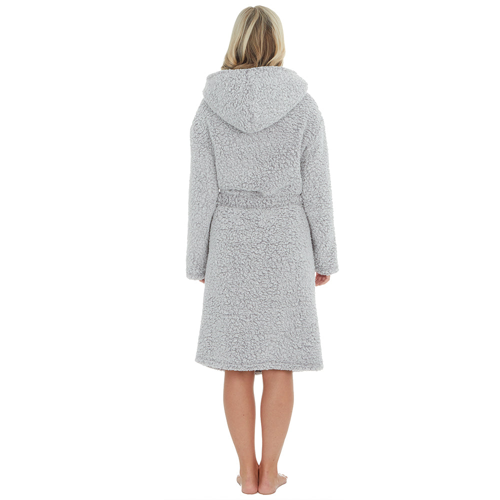 Ladies Grey Sherpa Fleece Dressing Gown