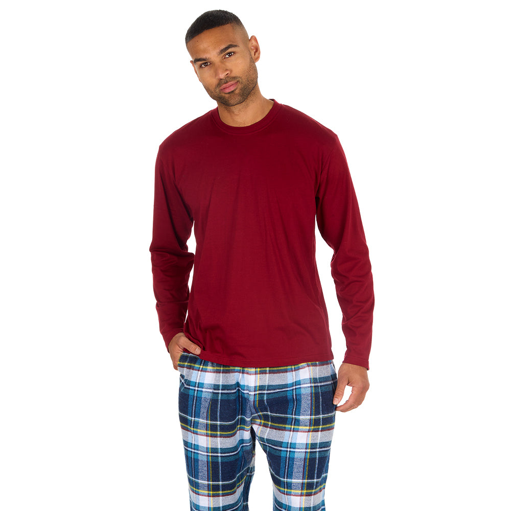 Mens Burgundy Check Jersey Pyjama Set