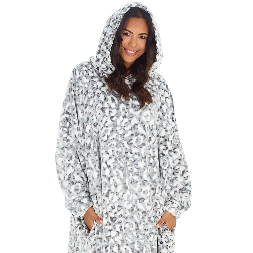 Ladies Leopard Longline Hooded Blanket