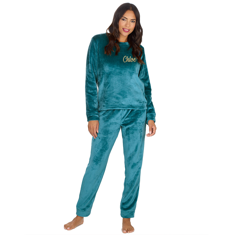 Personalised Ladies Teal Fleece Pyjama Set