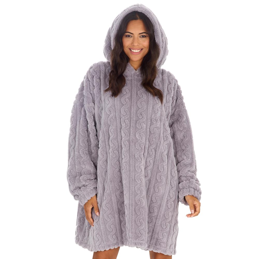 Ladies Grey Cable Sherpa Fleece Blanket Hoodie