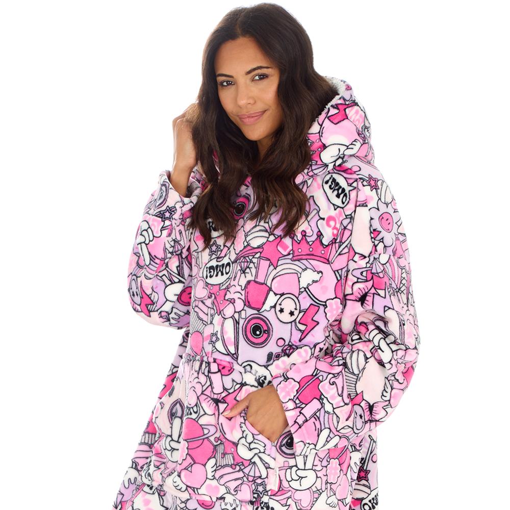 Ladies Doodles Pink Blanket Hoodie