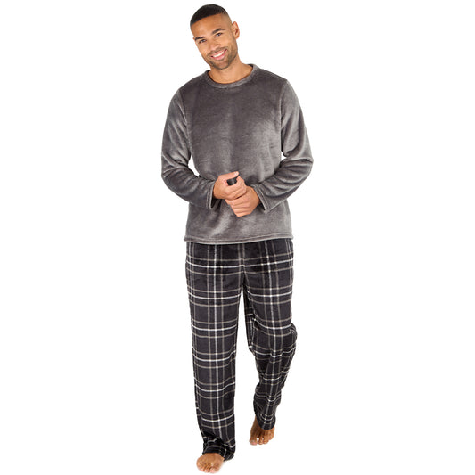 Mens Charcoal Check Fleece Pyjama Set