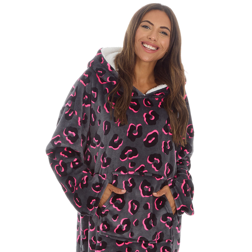 Ladies Leopard Grey Blanket Hoodie