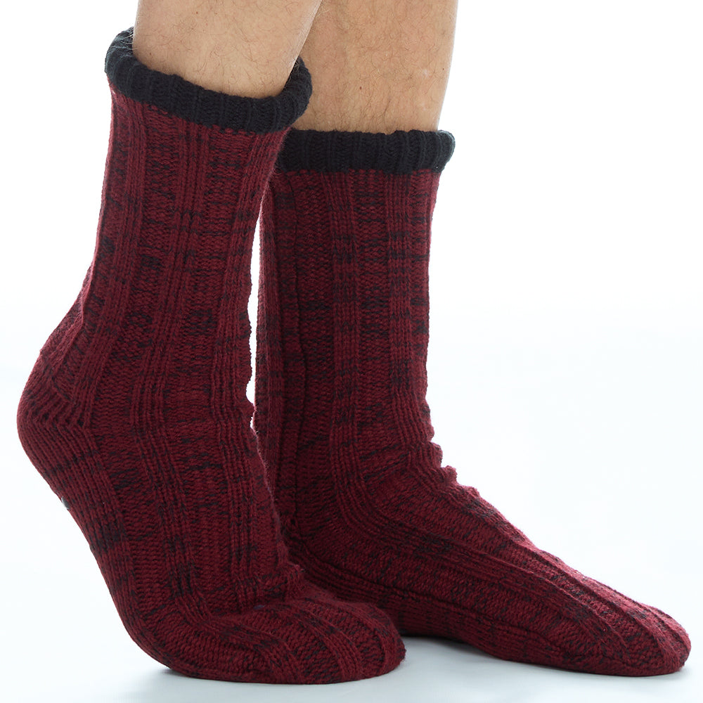 Mens Cable Knit Burgundy Slipper Socks