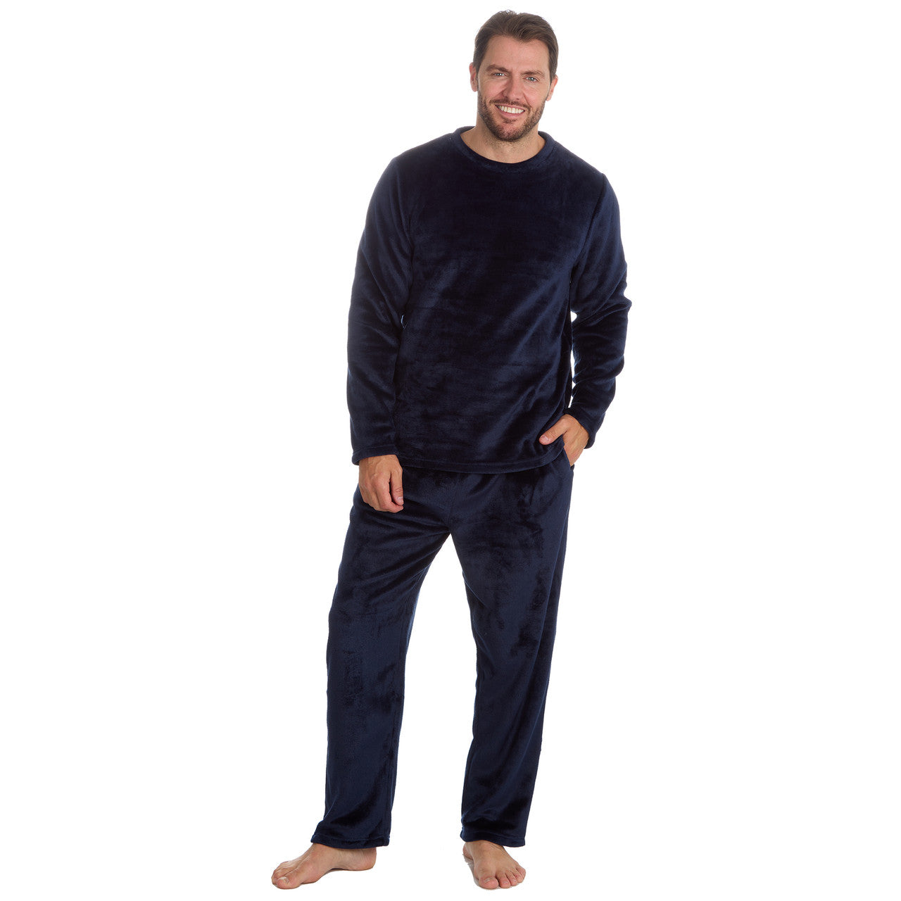 Mens Plain Navy Fleece Pyjama Set