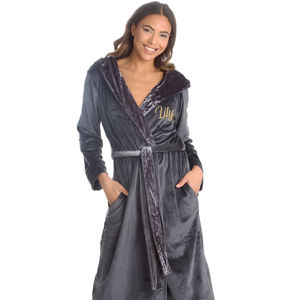 Personalised Ladies Luxury Velour Charcoal Dressing Gown