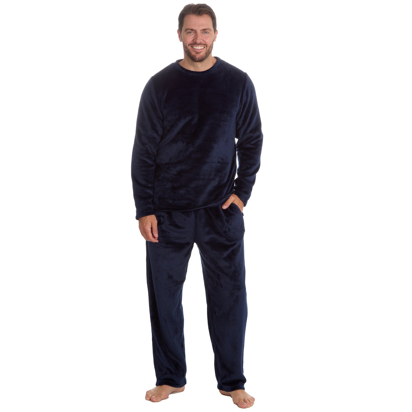 Mens Plain Navy Fleece Pyjama Set