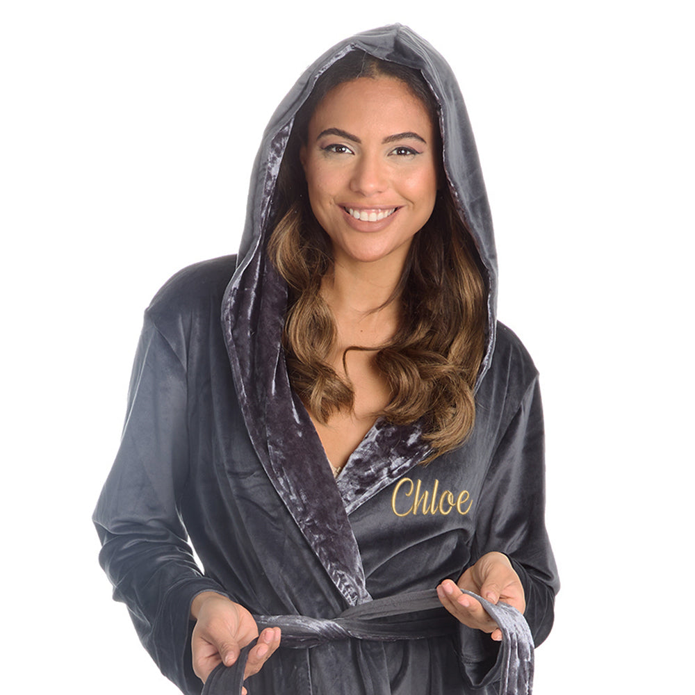 Personalised Ladies Luxury Velour Charcoal Dressing Gown