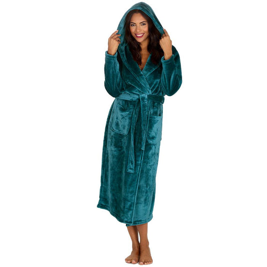 Ladies Teal Long Hooded Dressing Gown