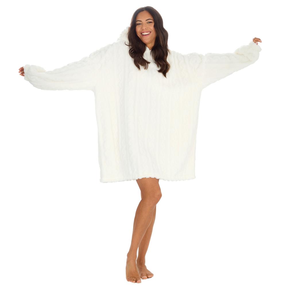 Ladies Cream Cable Sherpa Fleece Blanket Hoodie