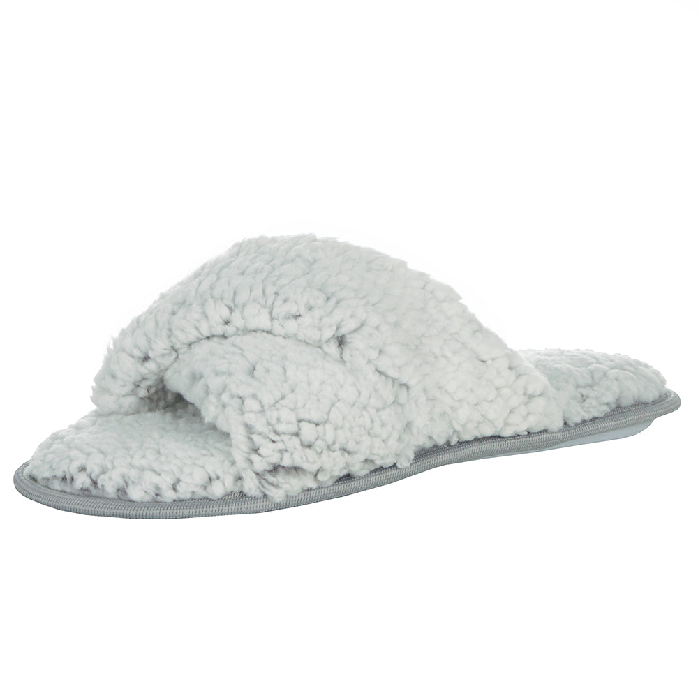 Ladies Sherpa Grey Cross Over Slippers