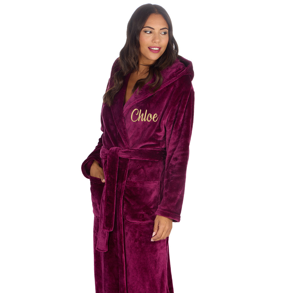 Personalised Ladies Burgundy Long Hooded Dressing Gown