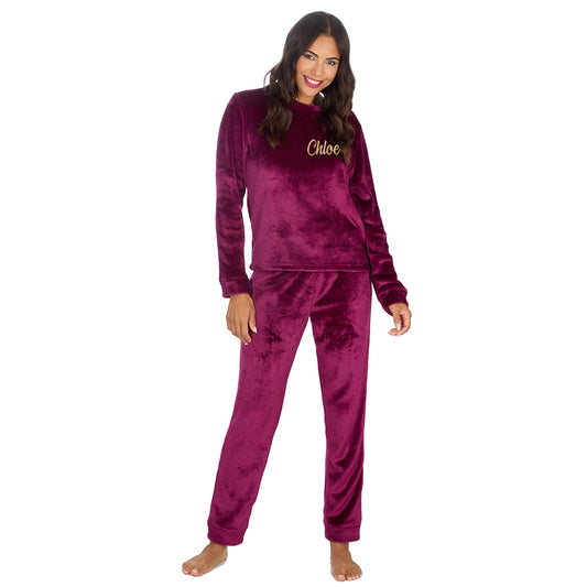 Personalised Ladies Burgundy Fleece Pyjama Set