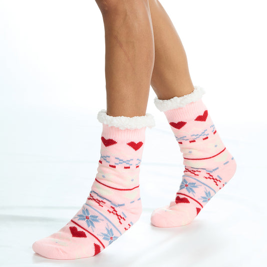 Ladies Hearts Pink Slipper Socks