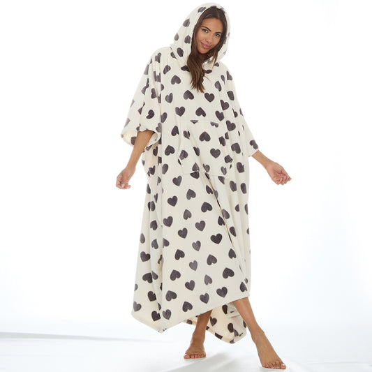 Ladies Hearts Cream Poncho Hooded Blanket