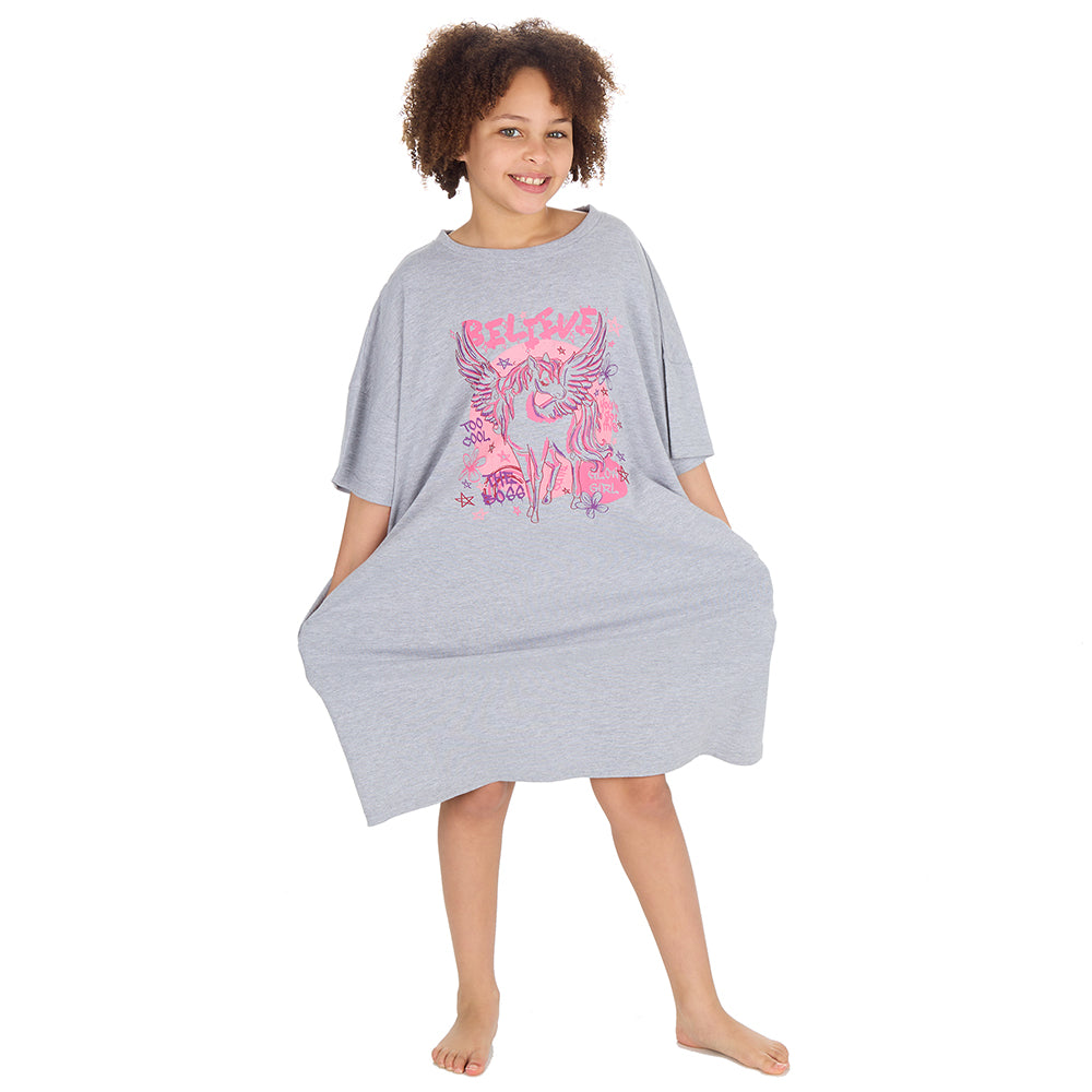  Girls Unicorn Grey Oversize Sleep Tee