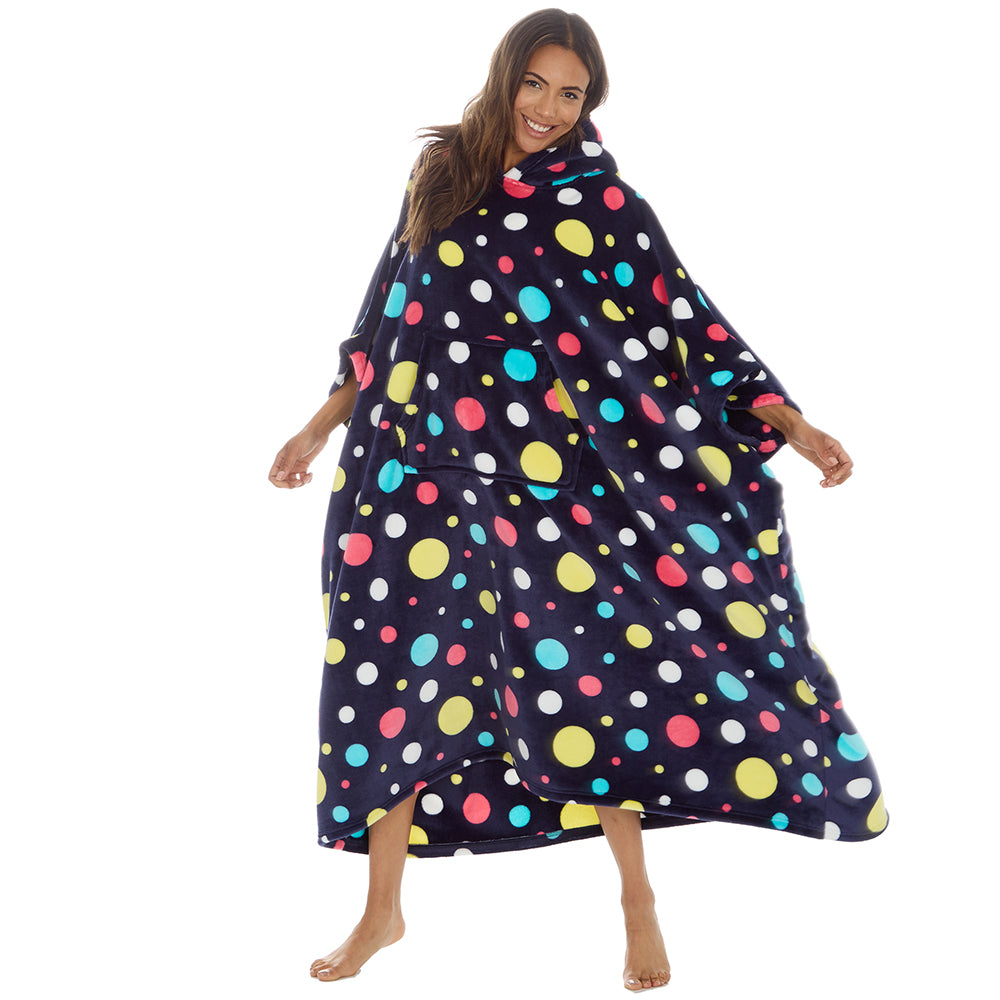 Ladies Bubbles Navy Poncho Hooded Blanket