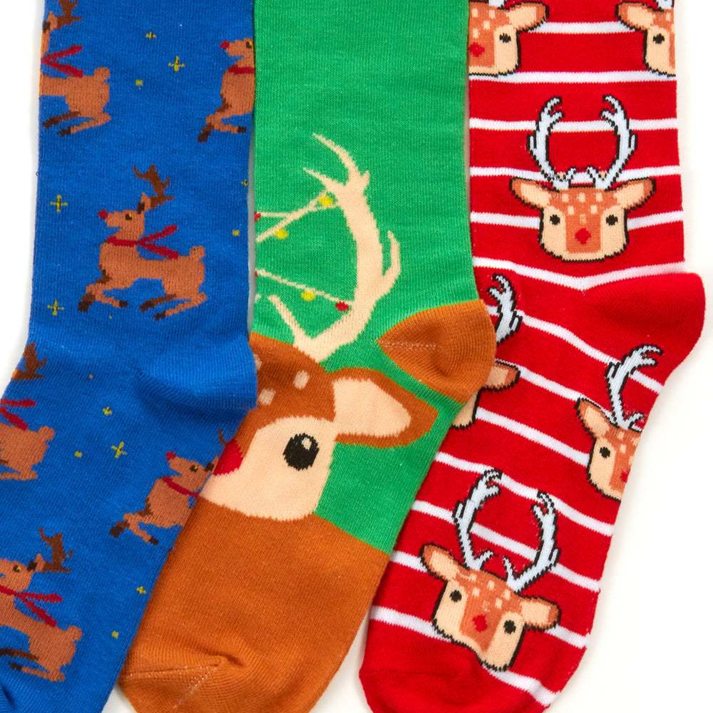 Ladies 3 Pairs Christmas Reindeer Cotton Socks