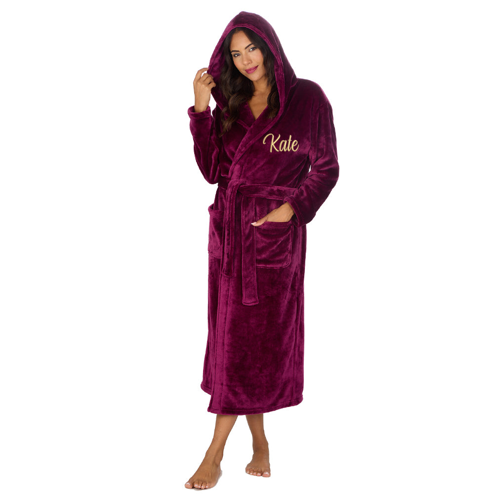 Personalised Ladies Burgundy Long Hooded Dressing Gown