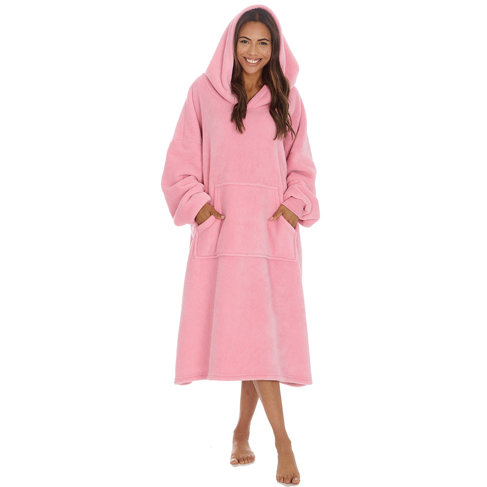 Ladies Pink Longline Lined Blanket Hoodie