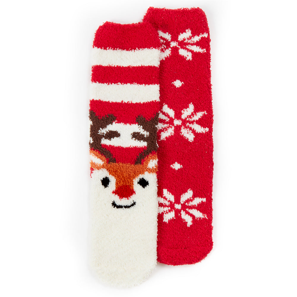 Ladies 2 Pairs Christmas Reindeer Fluffy Socks