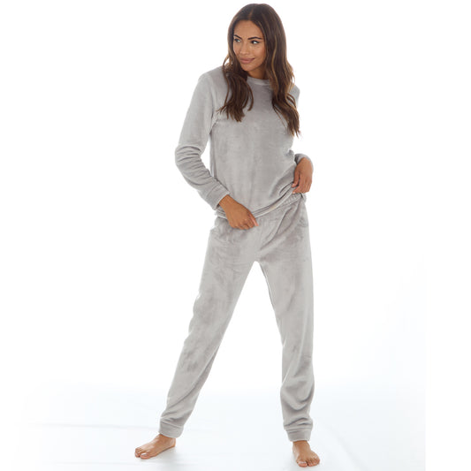 Ladies Grey Plain Fleece Pyjama Set