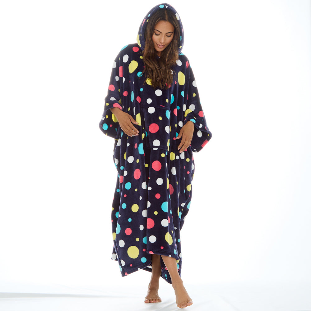 Ladies Bubbles Navy Poncho Hooded Blanket