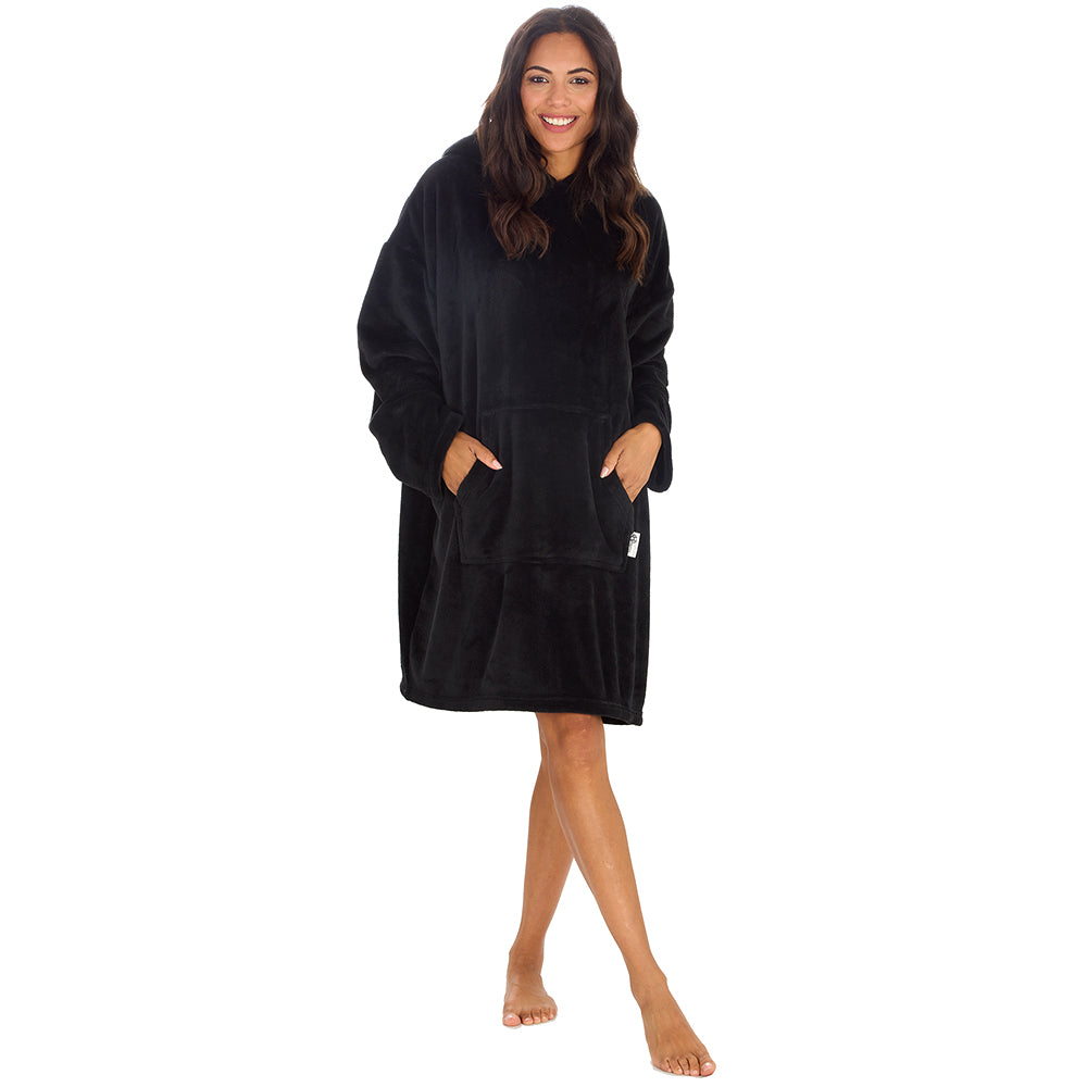 Ladies Black Coral Fleece Blanket Hoodie