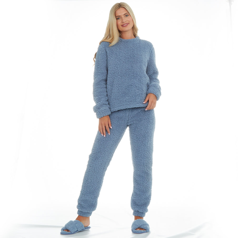 Ladies Blue Sherpa Fleece Pyjama Set