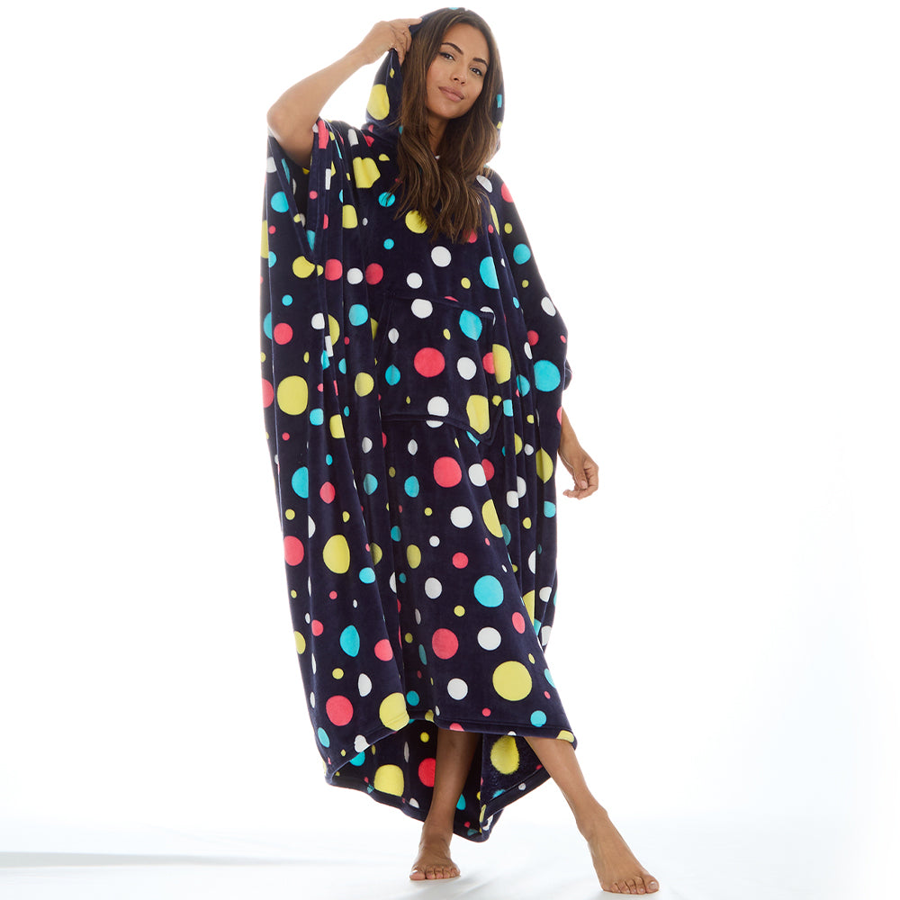 Ladies Bubbles Navy Poncho Hooded Blanket